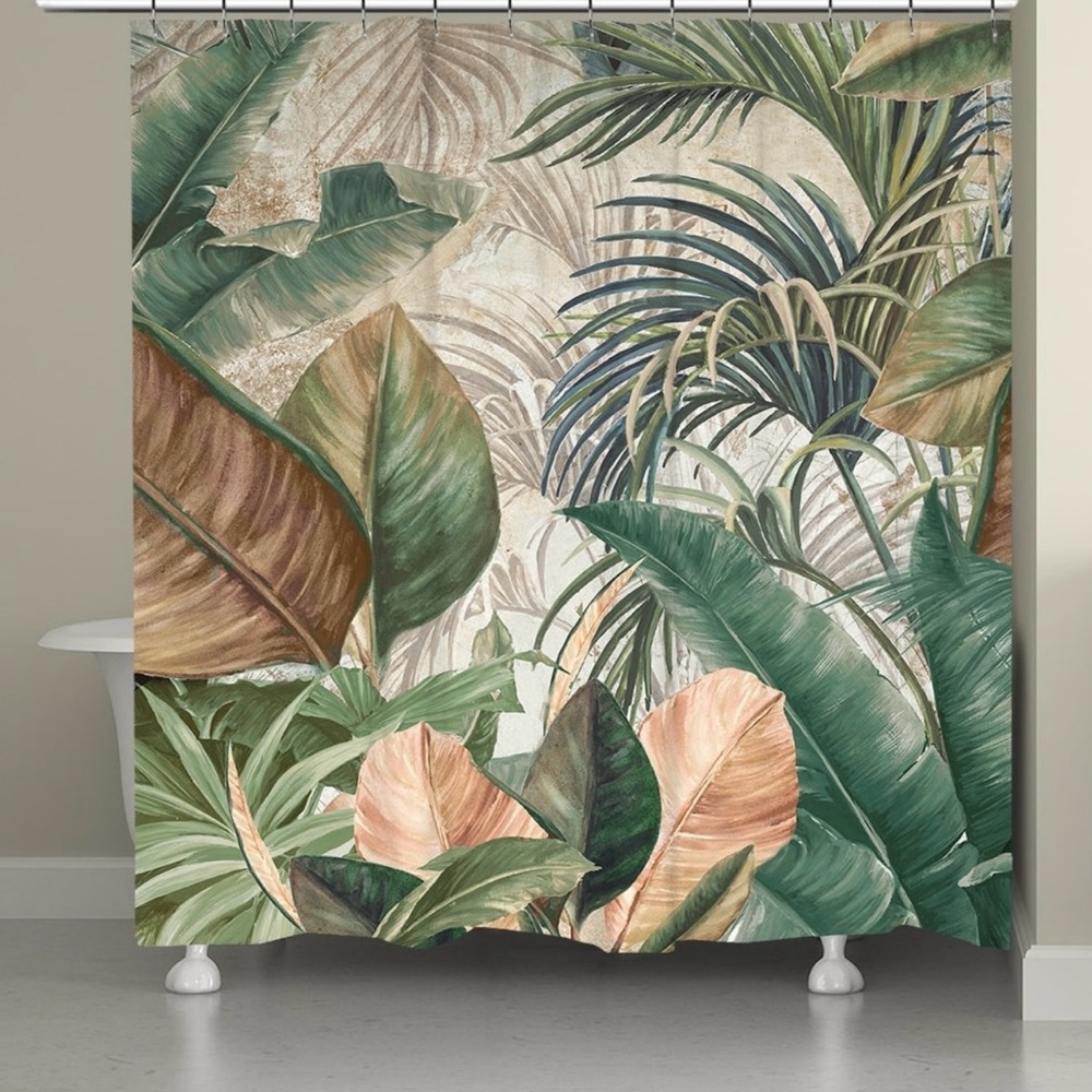 Tropical Green and Brown Shower Curtain with Botanical Design